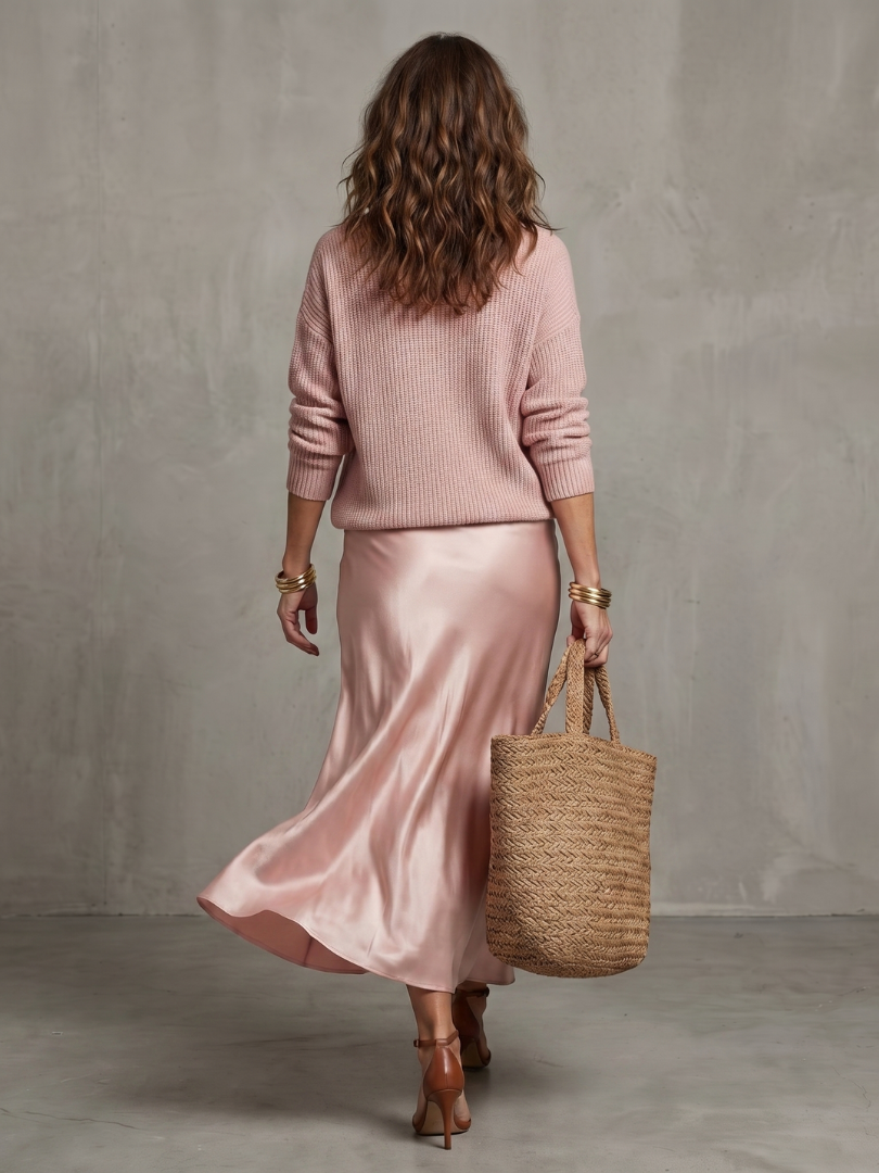 Luciana | V-Neck Sweater and Satin Bias-Cut Skirt Set