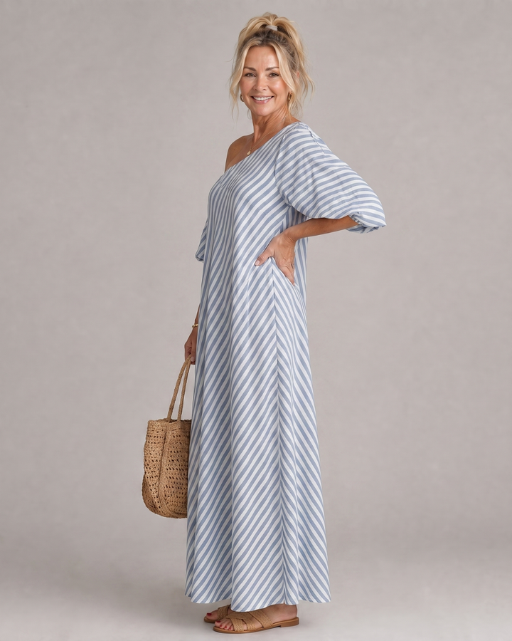 Zamrina | Striped Midi Dress with Off-Shoulder Ruffle Sleeves