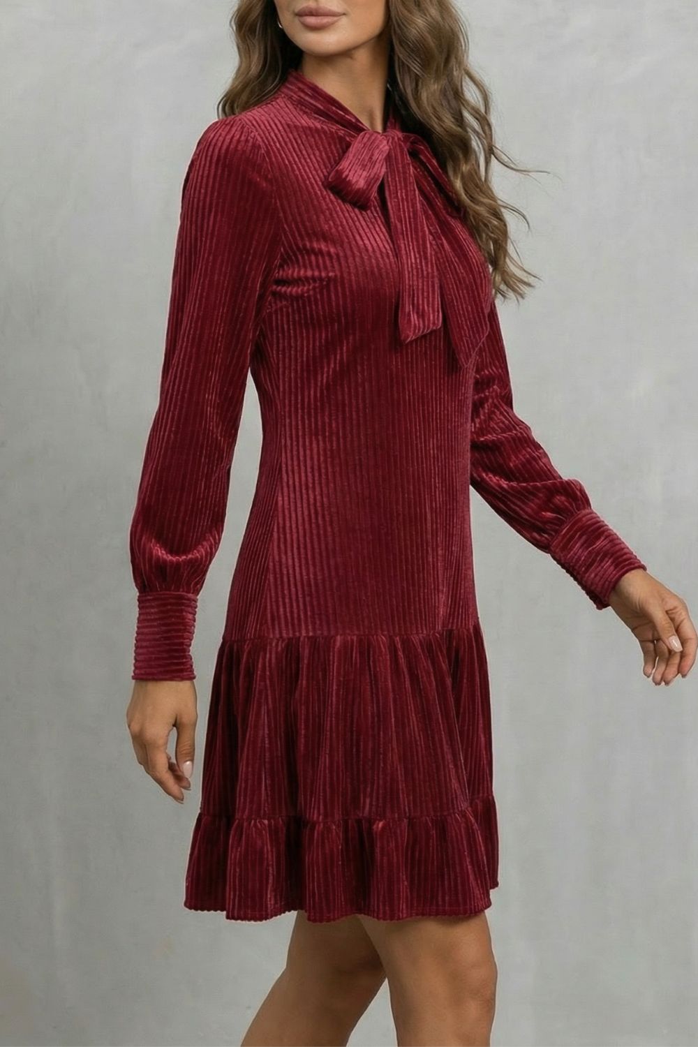 Valeriane – Bow tie detail – Velvety Corduroy mini dress