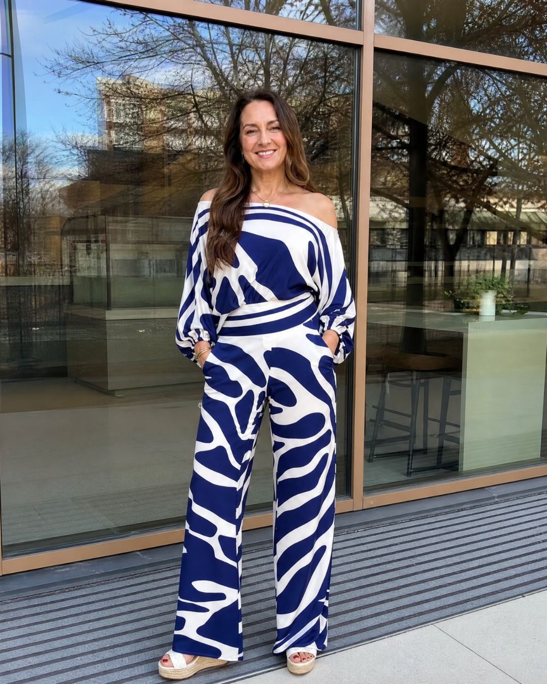 Sulaya | Off-Shoulder Abstract Print Top and Wide-Leg Trousers