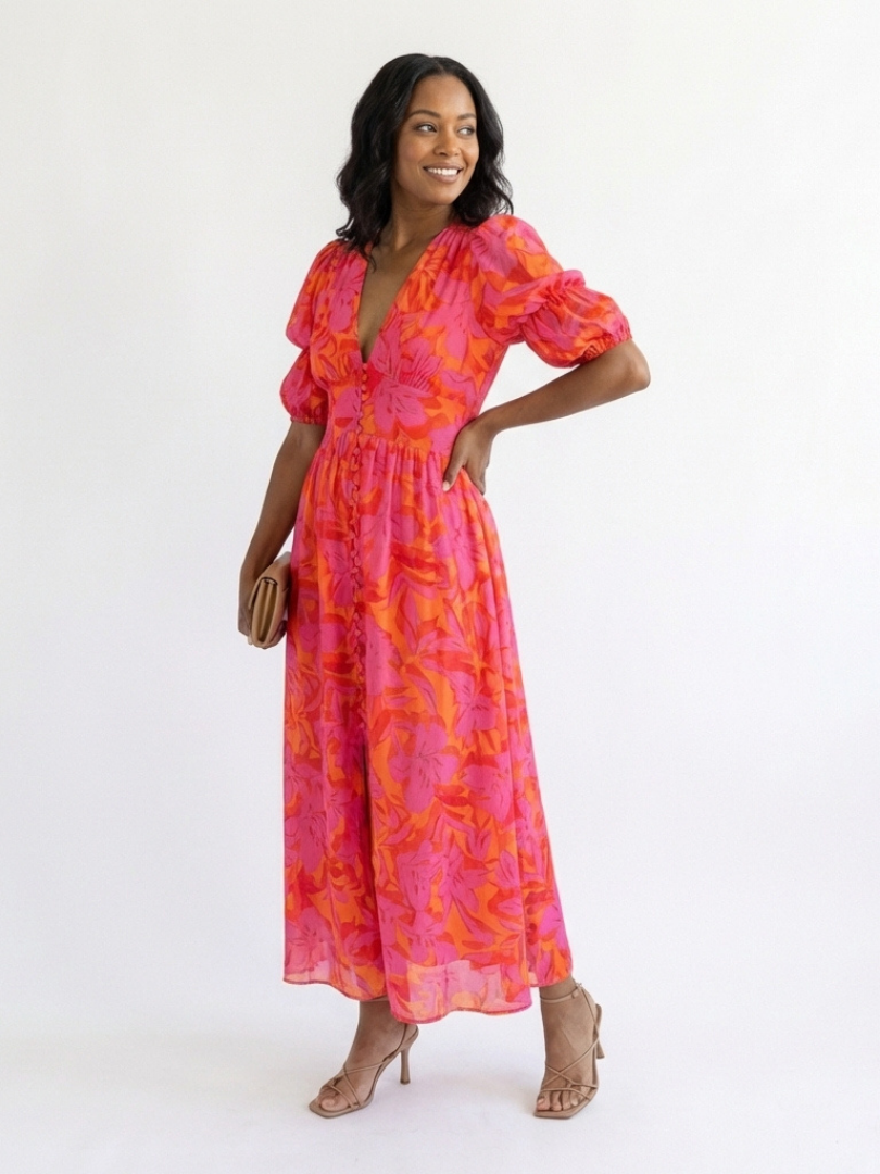 Stella & Grace™ | Viscose Balloon-Sleeve Floral Print Midi Dress