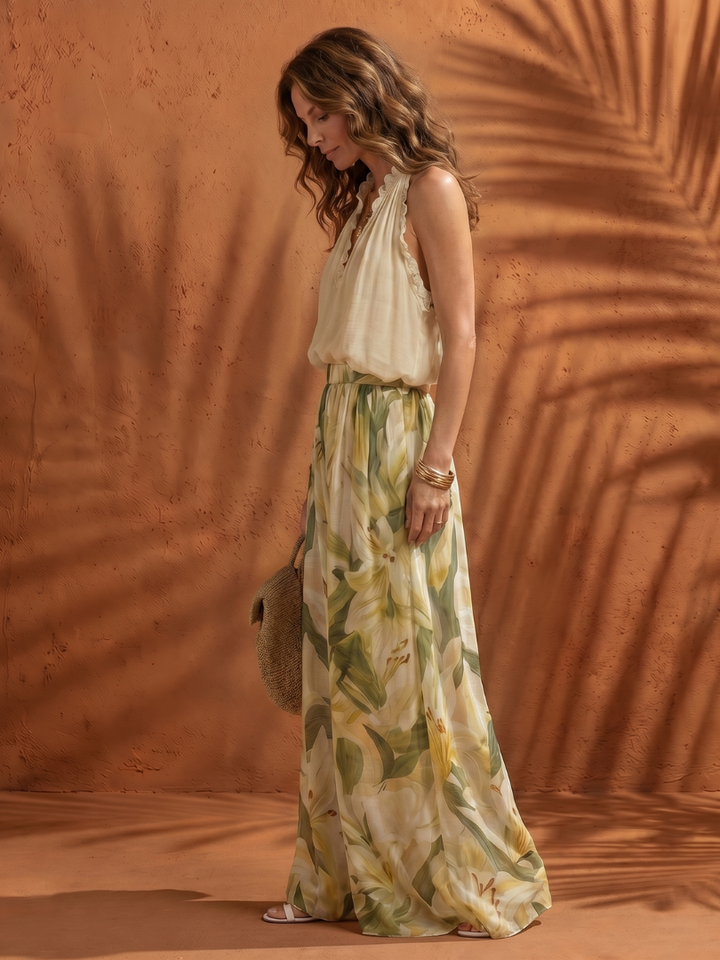 Solange | Halter Neck Blouse with Floral Wide-Leg Trousers