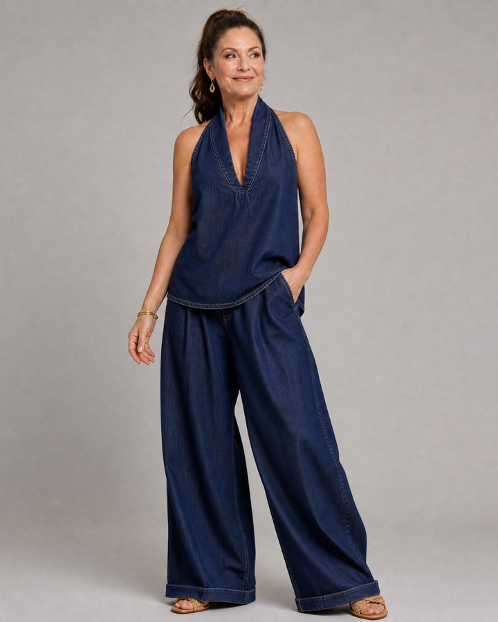 Zorelle | Denim Halter Neck Top and Wide-Leg Trousers