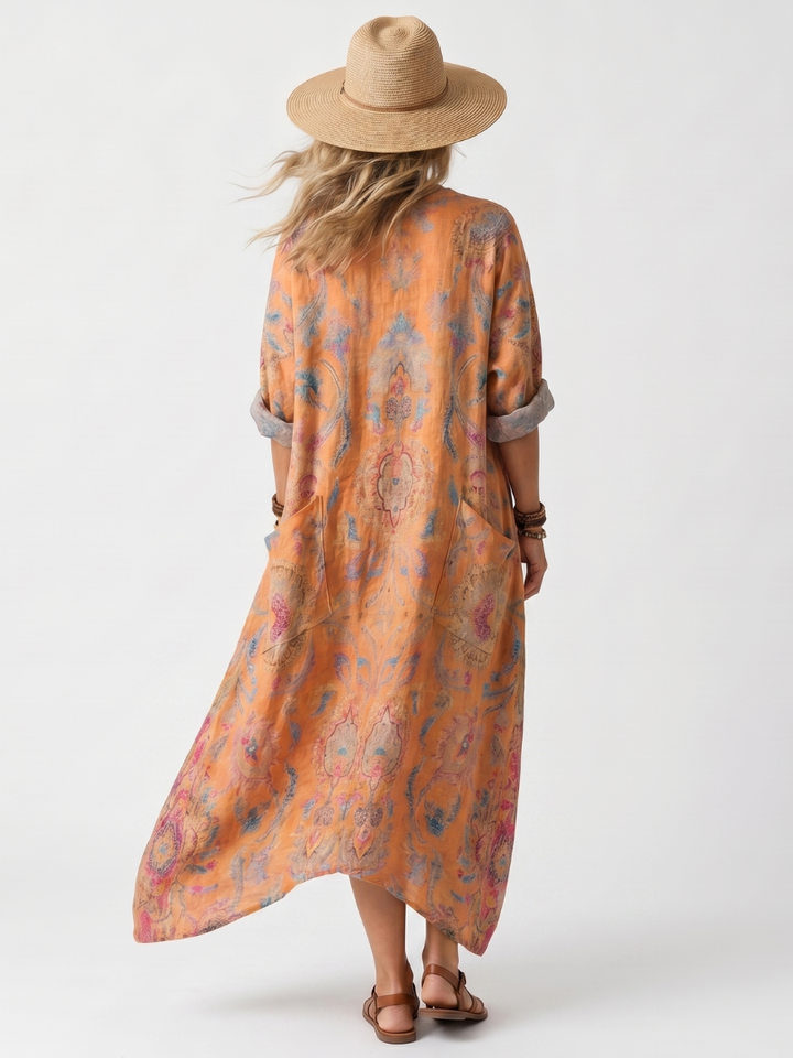 Bronte | Notch Neck Printed Oversized Pocket Midi Dress