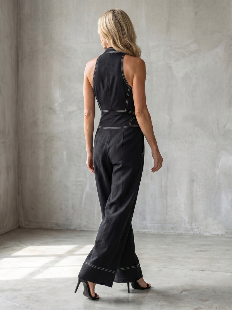 Dara | Front Zip Wide-Leg Jumpsuit with Contrast Stitching