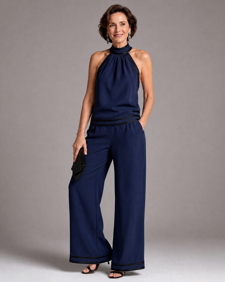 Zephyrine | Halter Neck Wide-Leg Jumpsuit with Contrast Details
