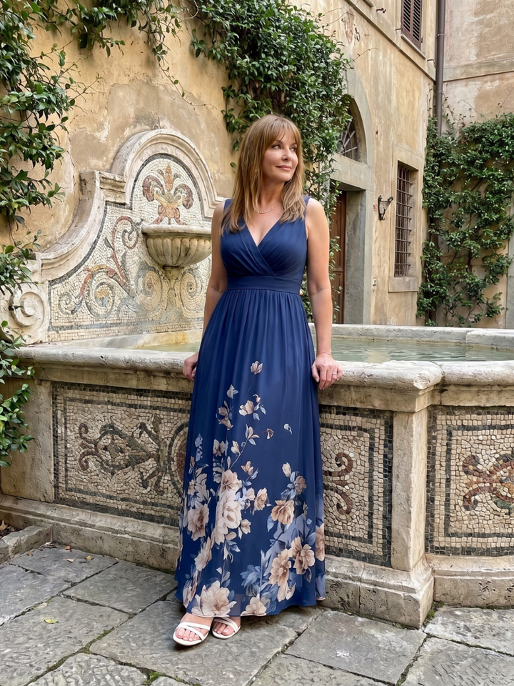 Clarissa | Sleeveless V-Neck Midi Dress with Soft Floral Hem