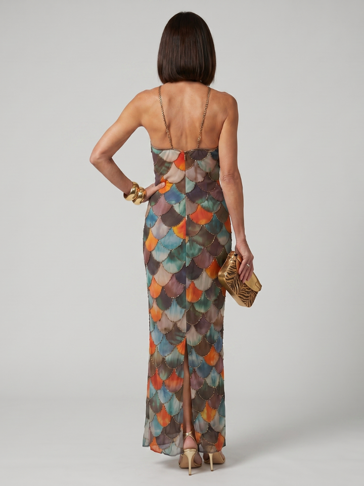 Larkin | Fitted Multicolour Scale Print Maxi Dress