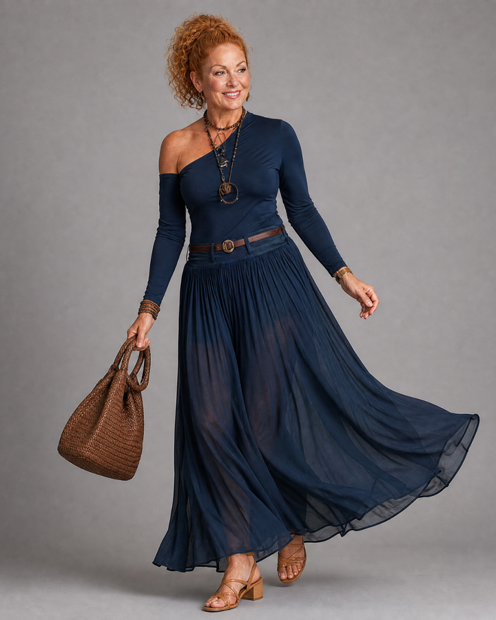 Nythera | One-Shoulder Fitted Top and Pleated Maxi Skirt Set