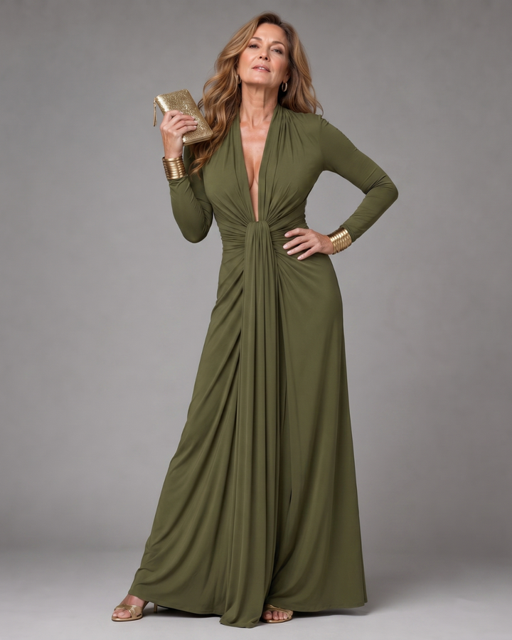 Vimmer | Long Sleeve Deep Draped V-Neck Maxi Dress