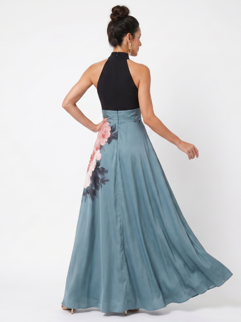Olympas | Maxi Dress with Halter Bodice and Floral Skirt