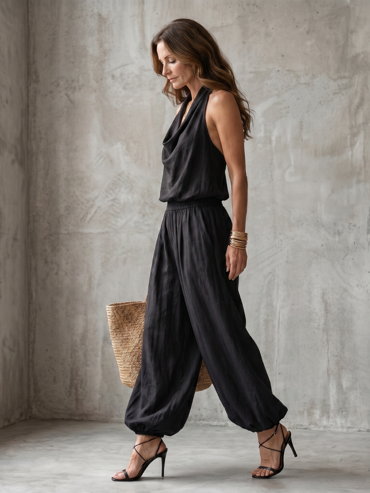 Yvaine | Draped Neck Flowy Top and Wide-Leg Trousers
