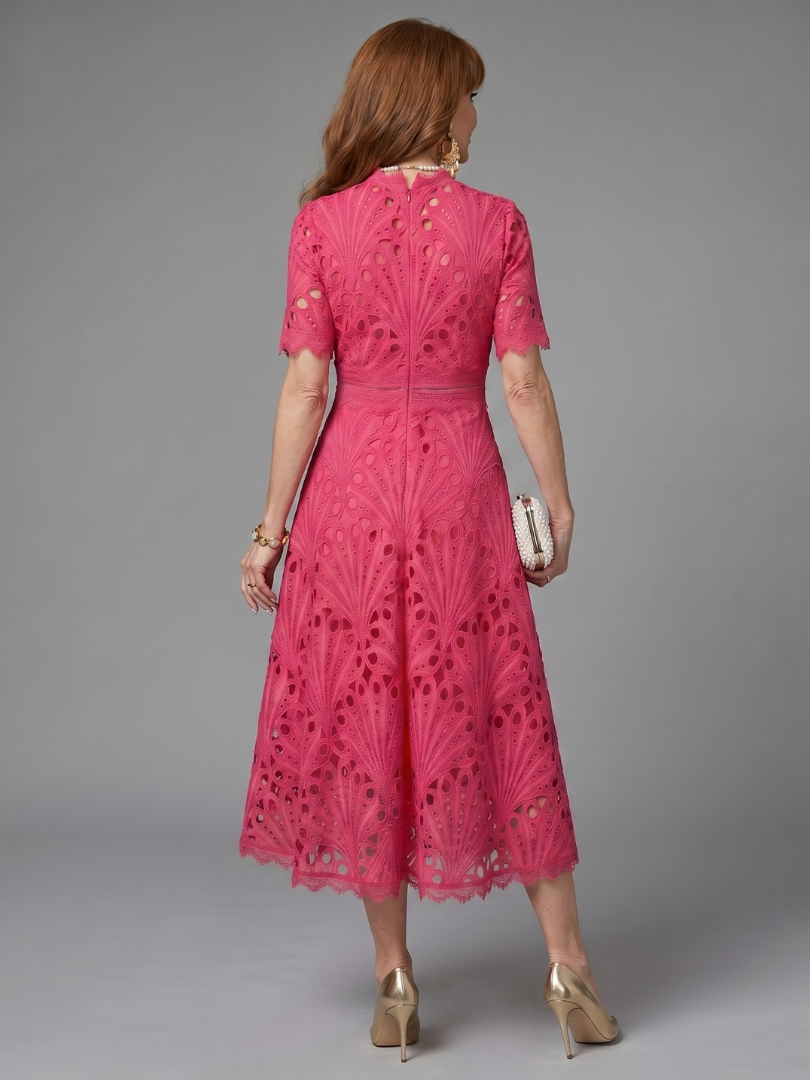 Juno | Short-Sleeve Fitted Eyelet Lace Midi Dress