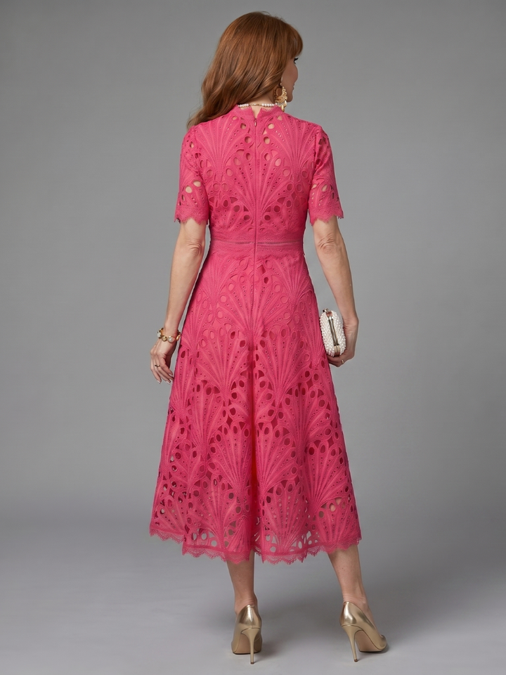 Juno | Short-Sleeve Fitted Eyelet Lace Midi Dress