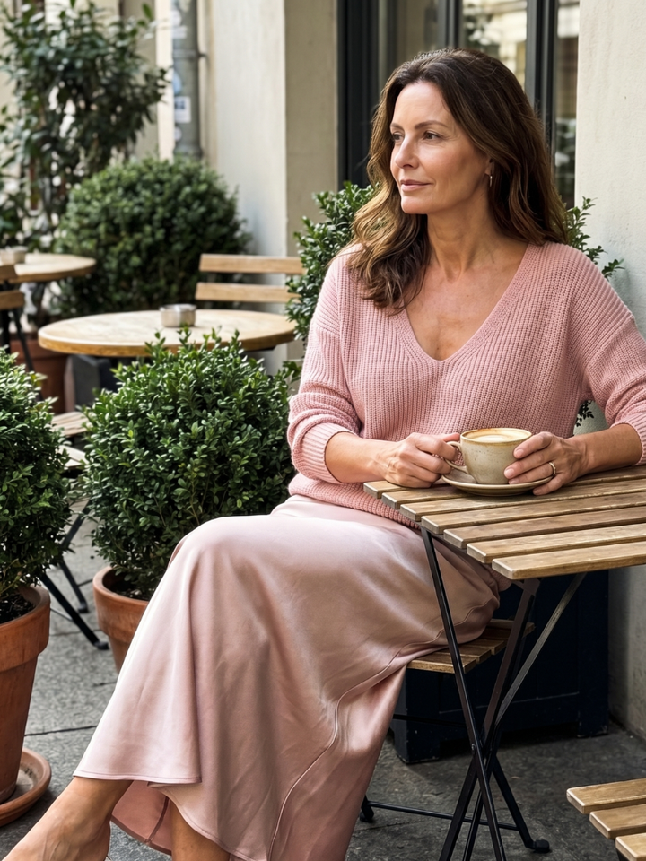 Luciana | V-Neck Sweater and Satin Bias-Cut Skirt Set