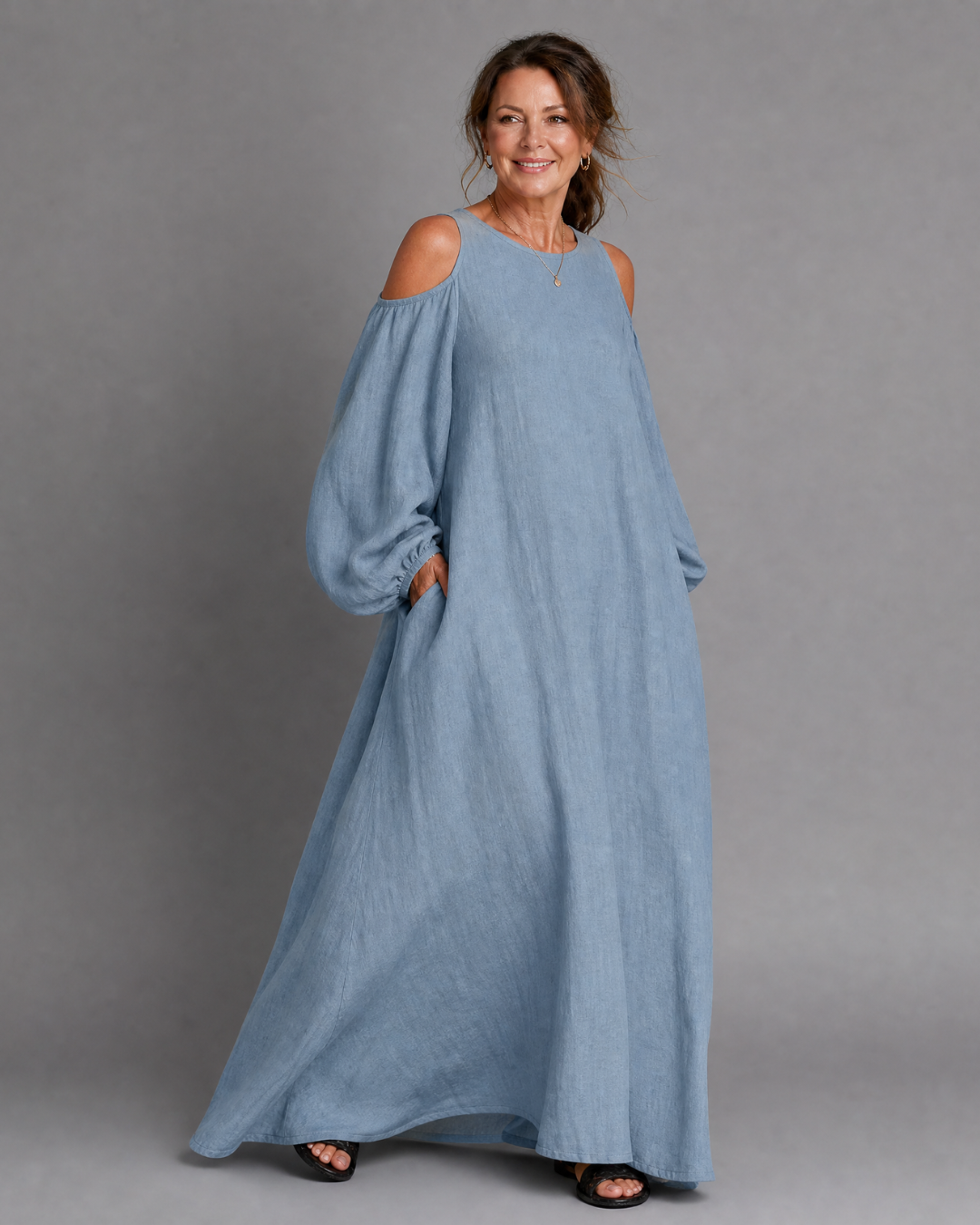 Sylphine | Relaxed Maxi Dress with Off-Shoulder Balloon Sleeves