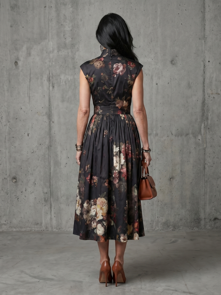 Greta | Pleated Floral High-Neck Keyhole Midi Dress