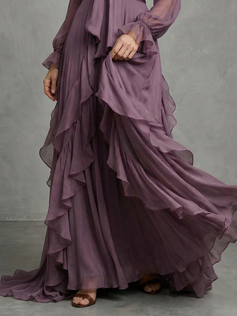 Demetria | Maxi Dress with Bow Collar and Tiered Stripes