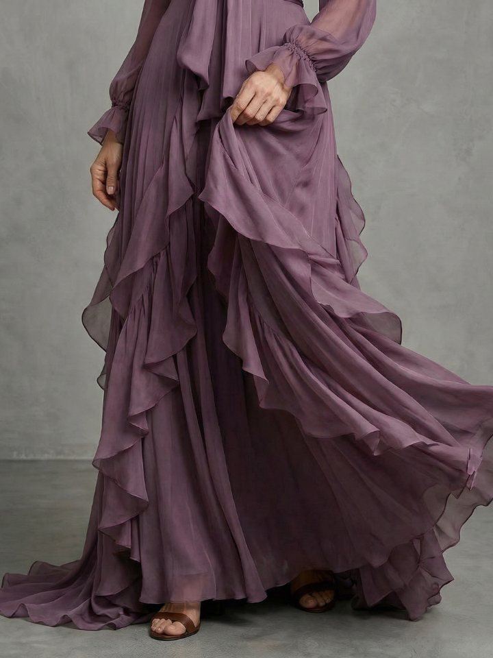 Demetria | Maxi Dress with Bow Collar and Tiered Stripes