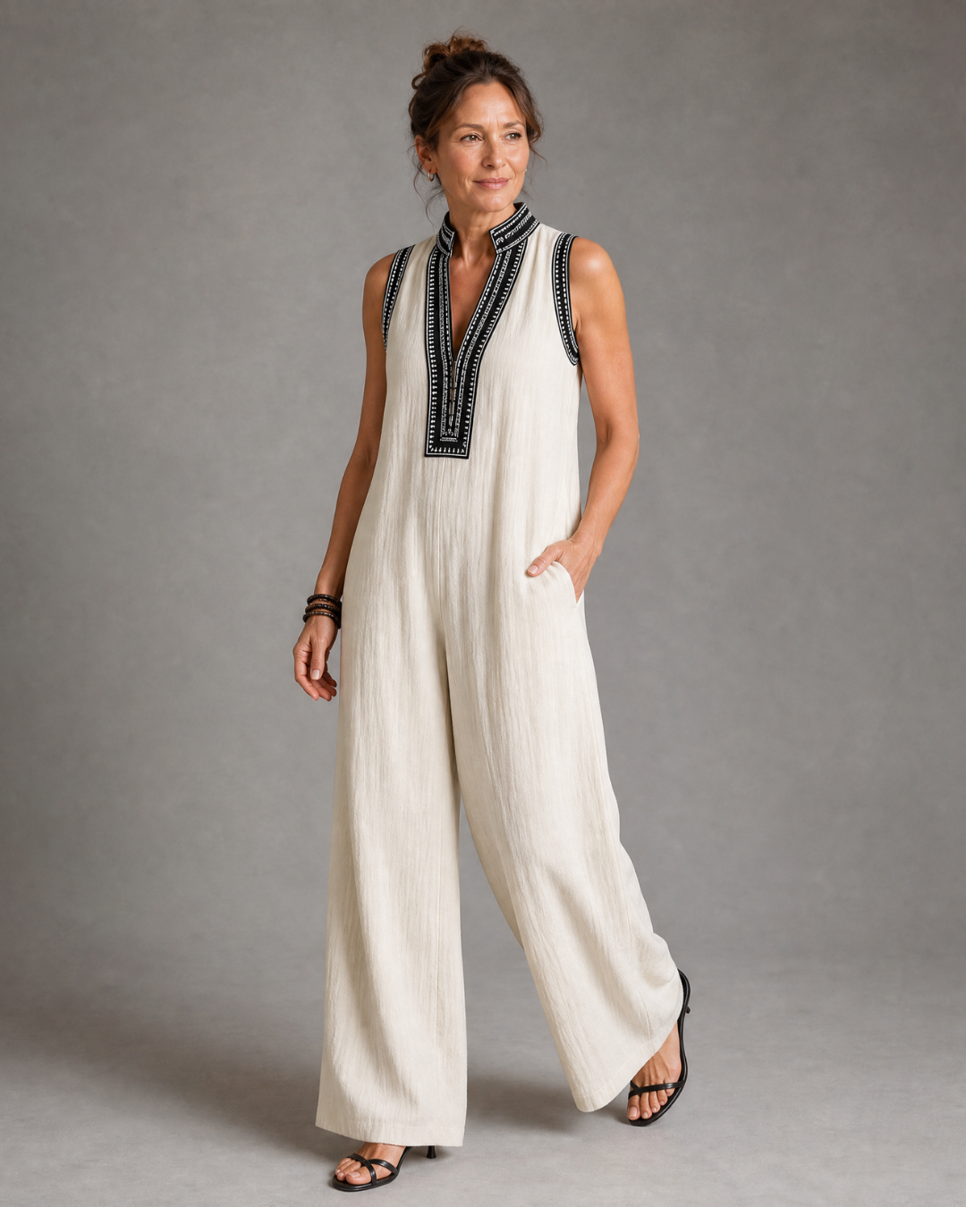 Velmira | Sleeveless Embroidered V-Neck Wide-Leg Jumpsuit