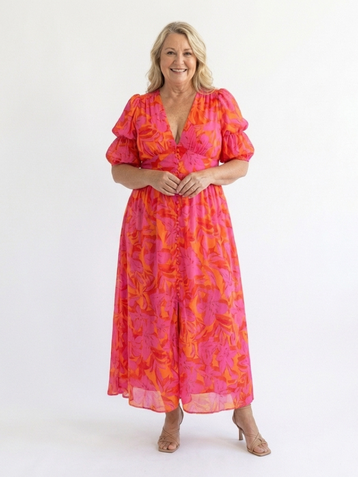 Stella & Grace™ | Viscose Balloon-Sleeve Floral Print Midi Dress