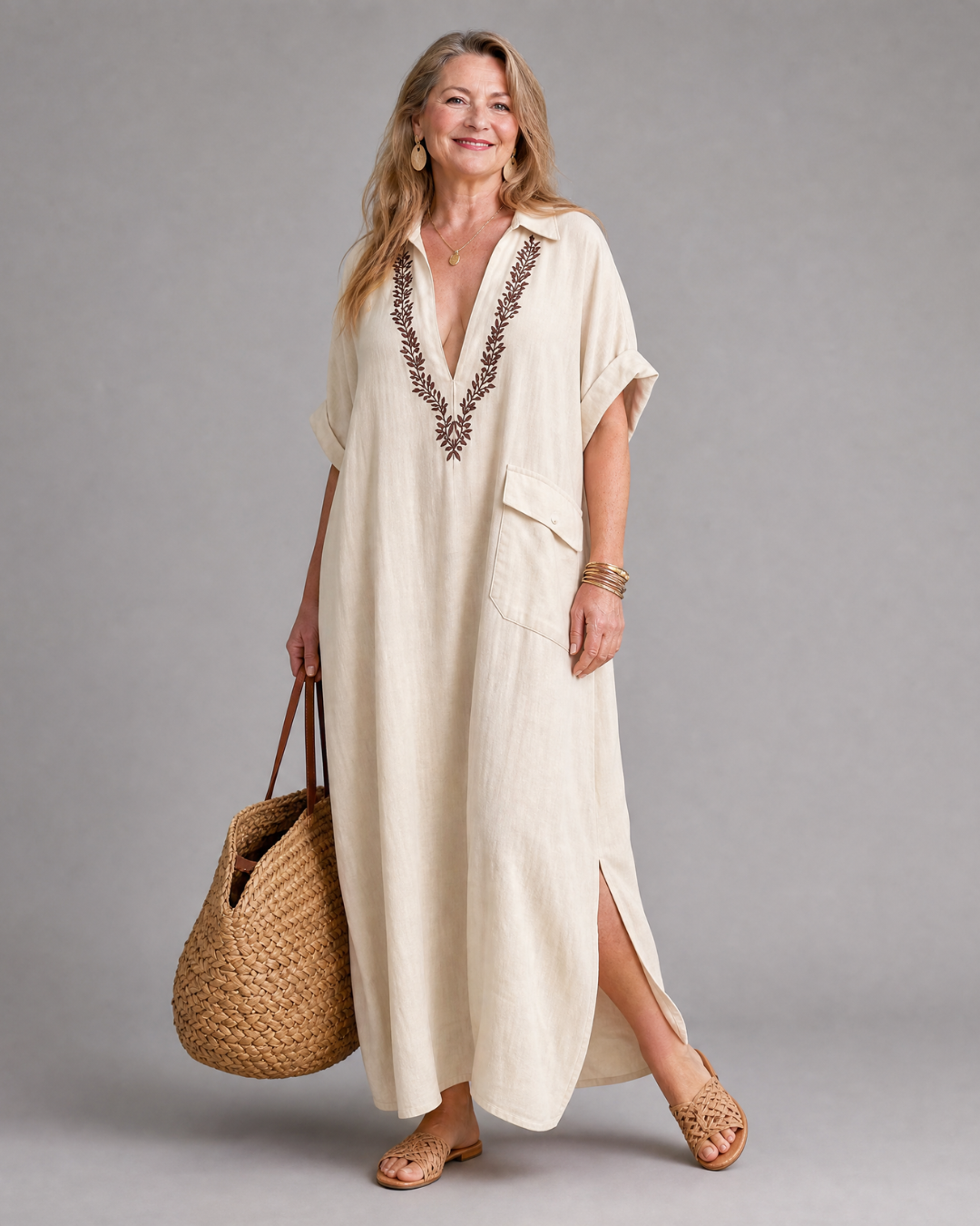 Elakeja | Relaxed Midi Dress with Pocket Detail and Embroidered V-Neck