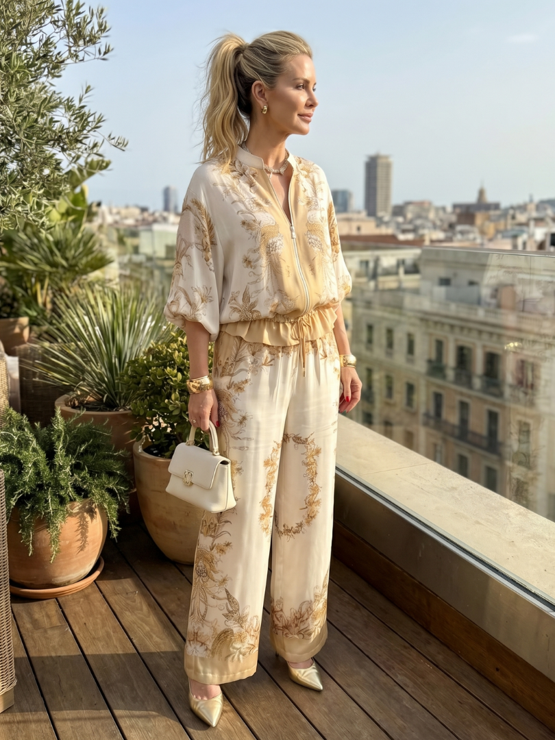Indie | Printed Zip Front Blouson Top Two-Piece Set