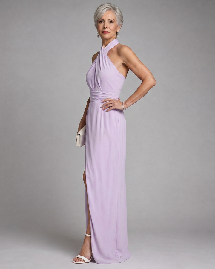 Vaelora | Midi Dress with Crossed Halter Neck and Side Slit