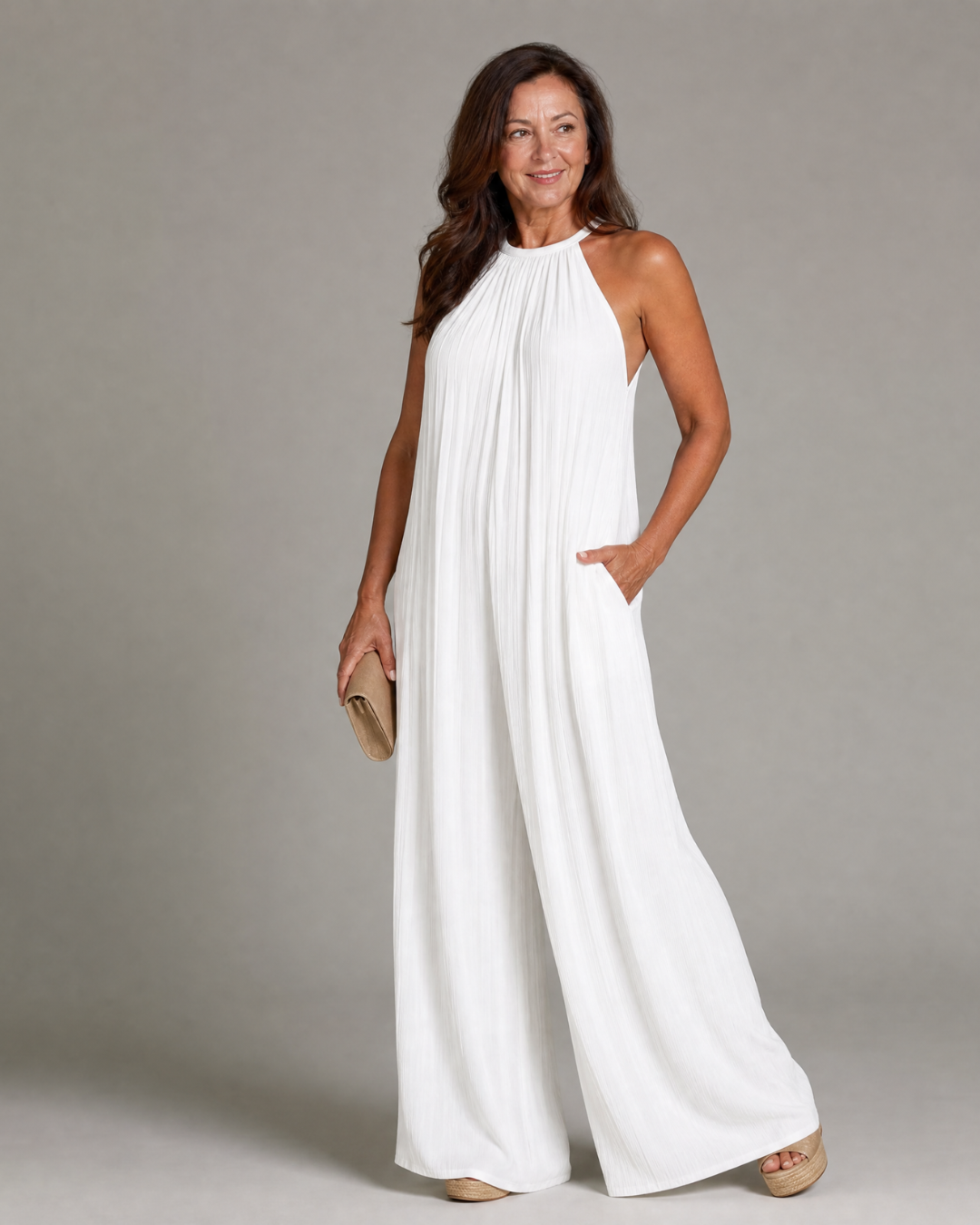 Sylvara | Relaxed Wide-Leg Pleated Halter Neck Jumpsuit