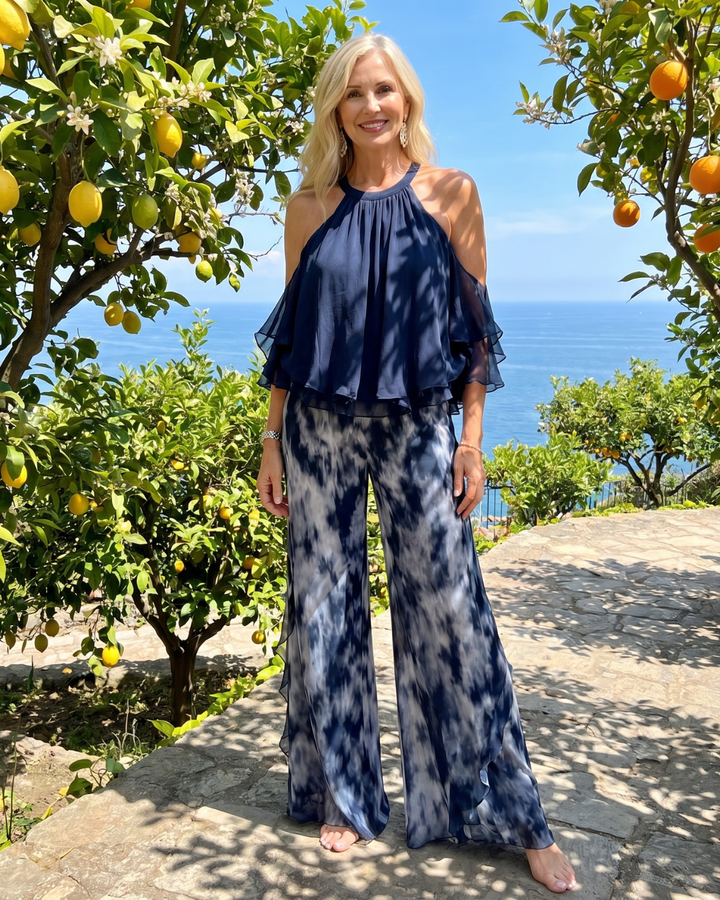Xylara | Layered Halter Neck Top and Printed Wide Trousers Set