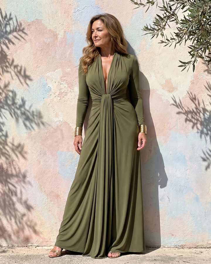 Vimmer | Long Sleeve Deep Draped V-Neck Maxi Dress