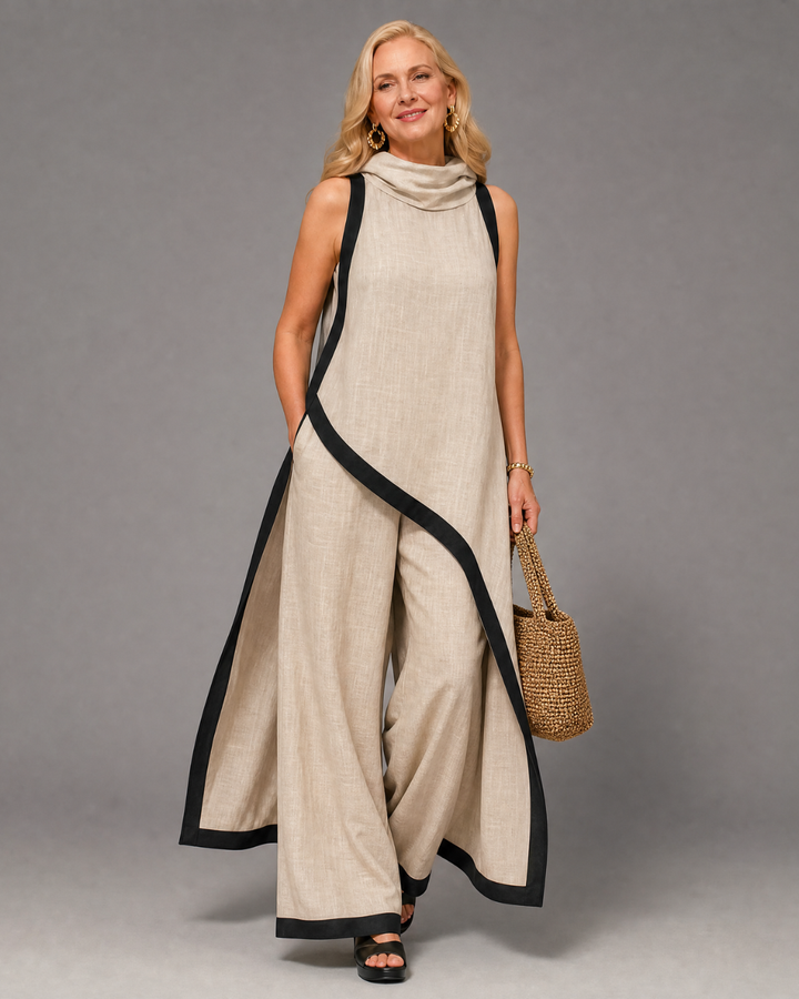 Valthera | Sleeveless Contrast-Trim Layered Top and Wide-Leg Trousers Set