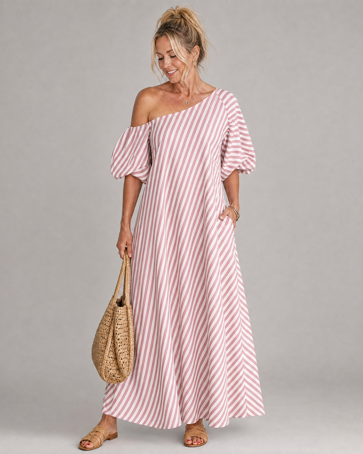 Zamrina | Striped Midi Dress with Off-Shoulder Ruffle Sleeves