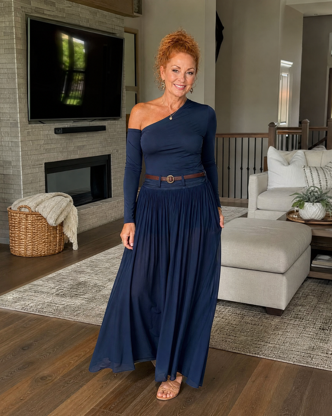 Nythera | One-Shoulder Fitted Top and Pleated Maxi Skirt Set