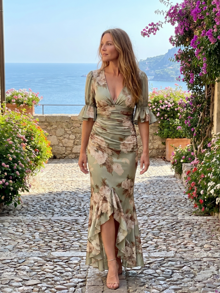 Palma | Short-Sleeve V-Neck Gathered Waist Midi Dress