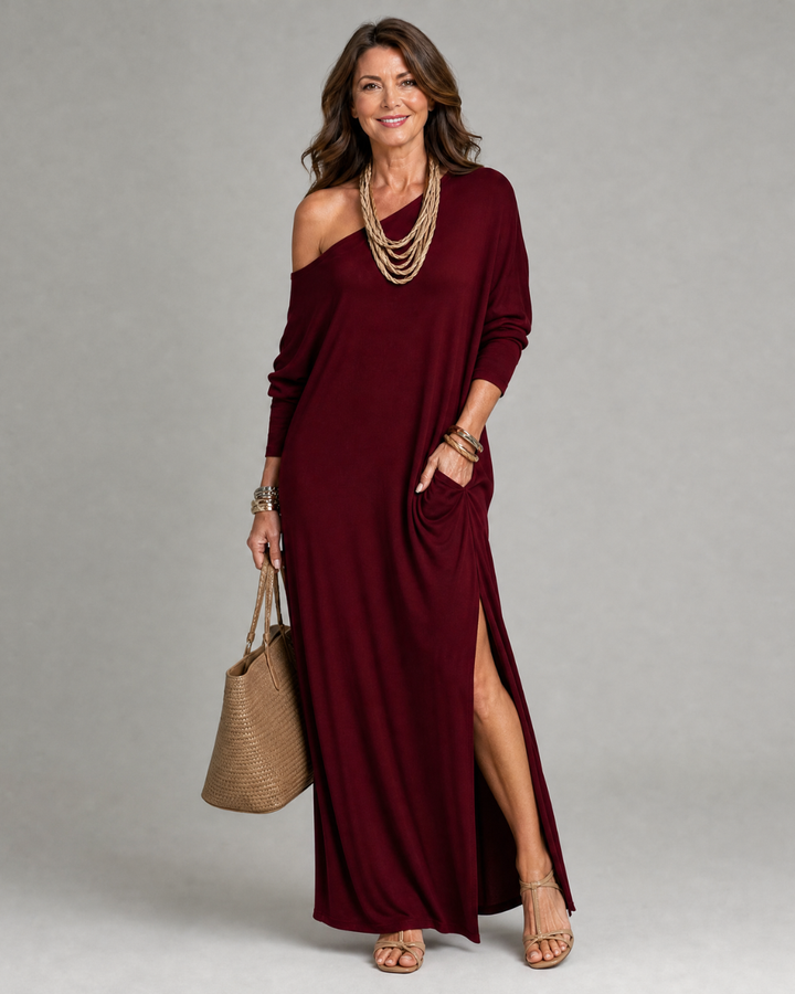Asterelle | Off-Shoulder Flowy Midi Dress with Side Slit