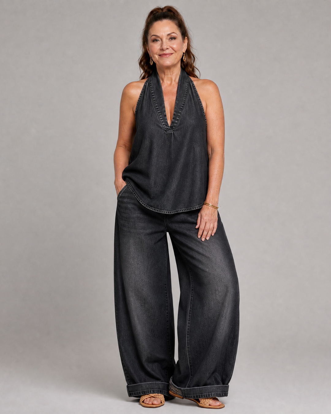 Zorelle | Denim Halter Neck Top and Wide-Leg Trousers