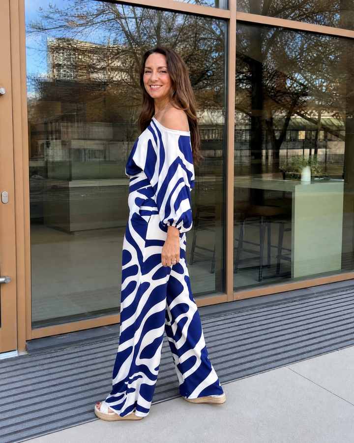 Sulaya | Off-Shoulder Abstract Print Top and Wide-Leg Trousers
