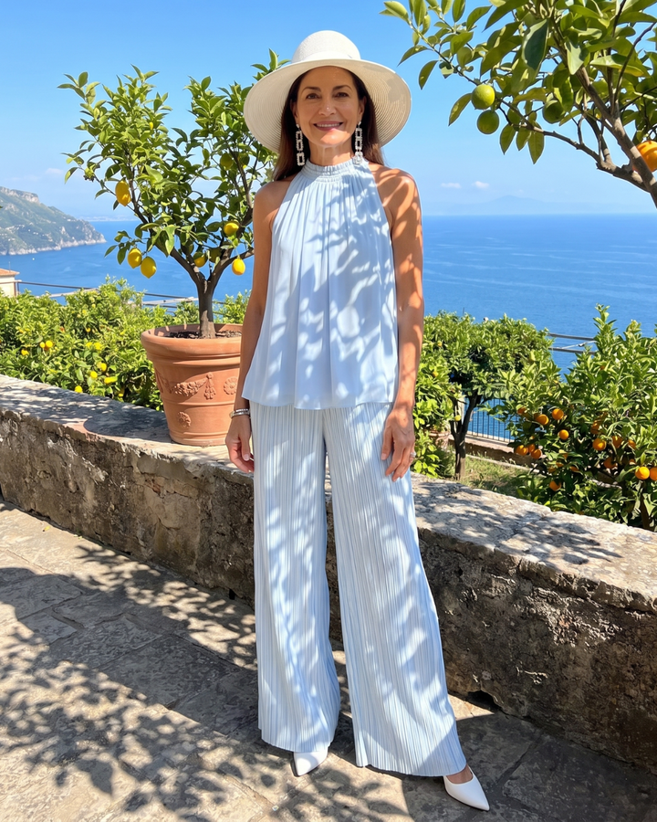 Sylmara | Halter Neck Flowy Top and Pleated Wide Trousers Set