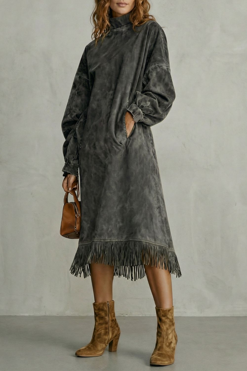Valdrina – Suede fringe detail – Midi turtleneck dress