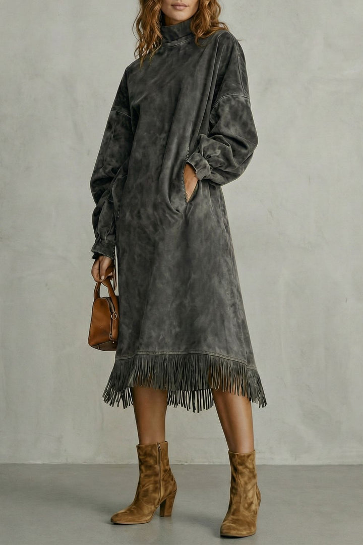 Valdrina – Suede fringe detail – Midi turtleneck dress