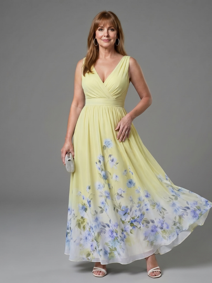 Clarissa | Sleeveless V-Neck Midi Dress with Soft Floral Hem