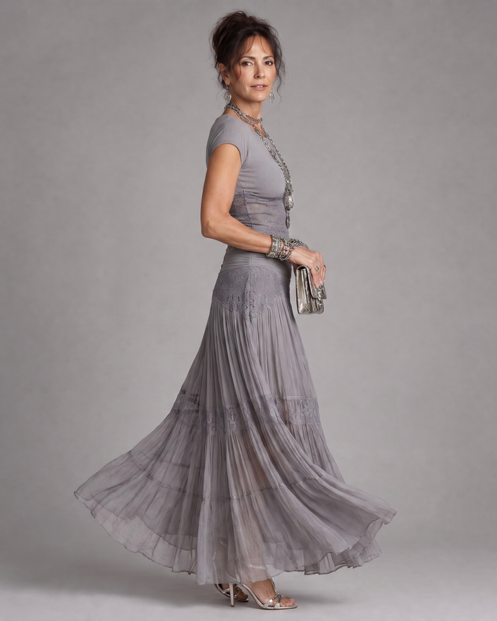 Virelune | Draped Crop Top and Pleated Maxi Skirt Set