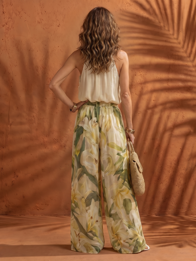 Solange | Halter Neck Blouse with Floral Wide-Leg Trousers