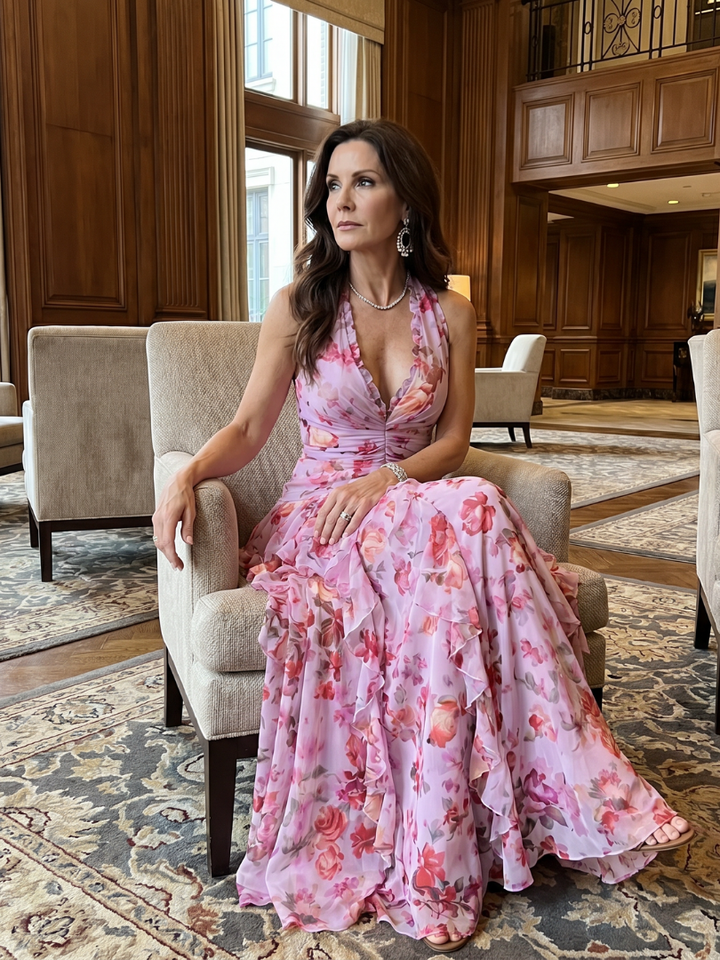 Nori | Floral Maxi Dress with Gathered Bodice and Halter Neck