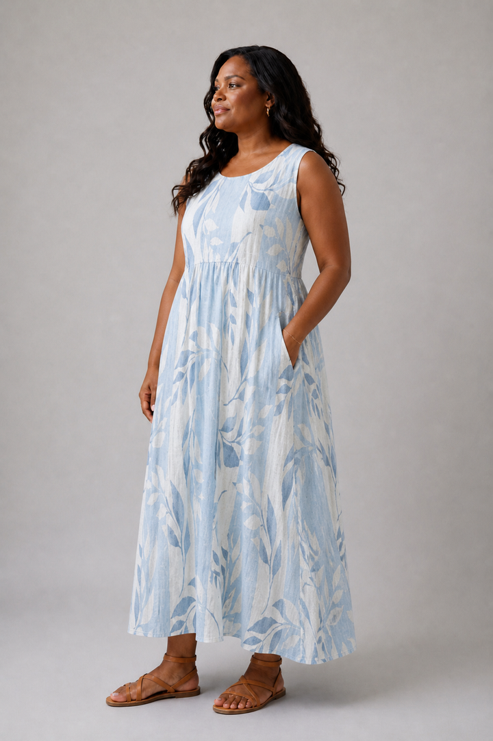 Solene | Sleeveless Blue Midi Dress with Leaf Pattern