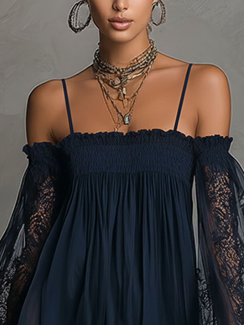 Noemi • Navy Blue Chiffon Mini Dress with Off-Shoulder Neckline, Lace Trim and Sheer Sleeves