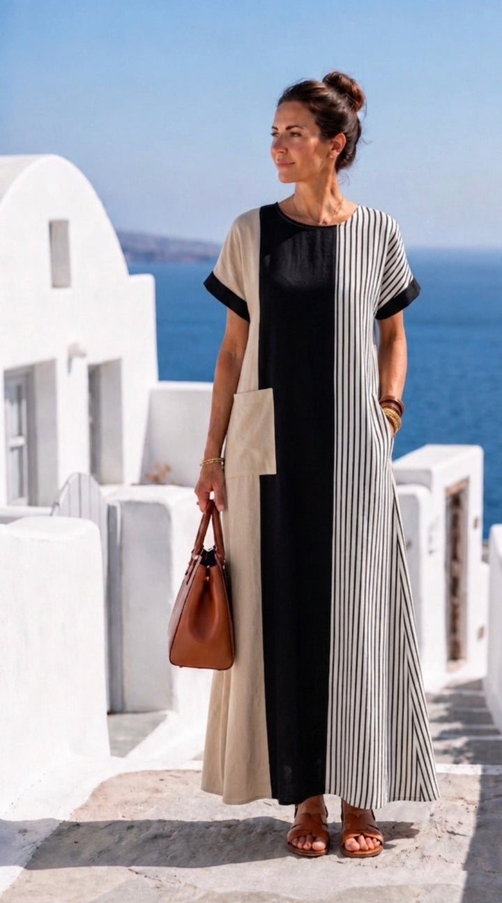 Elara | Striped Round Neck Short Sleeve Maxi Dress