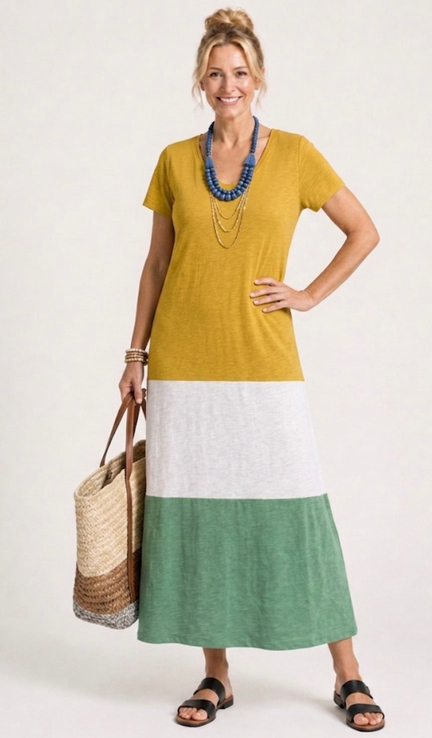 Thalia | Short Sleeve V-Neck Colour Block Midi Dress