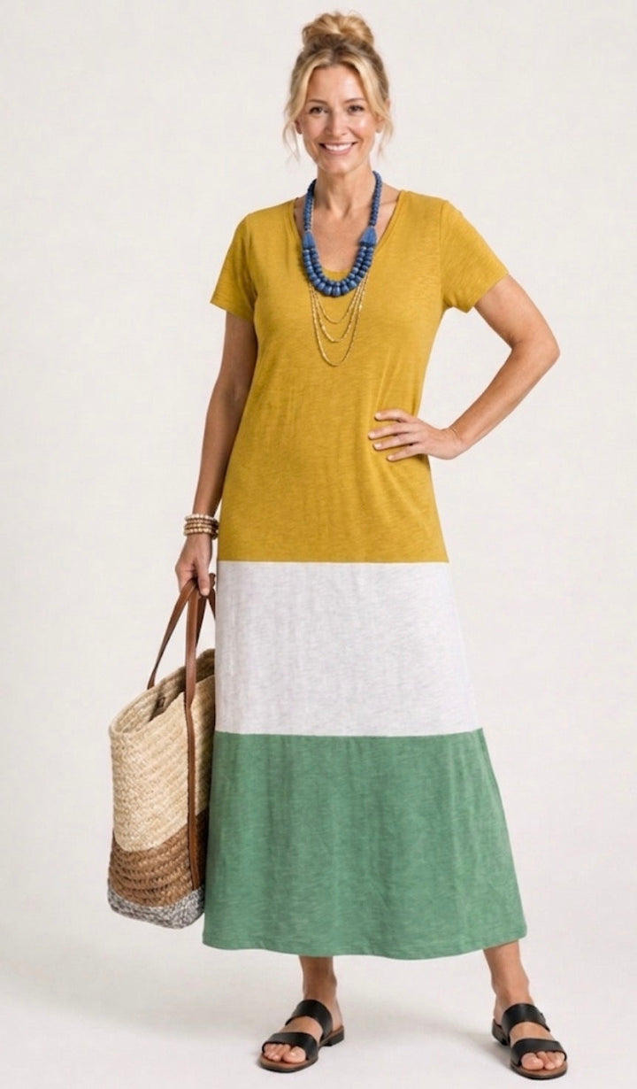 Thalia | Short Sleeve V-Neck Colour Block Midi Dress